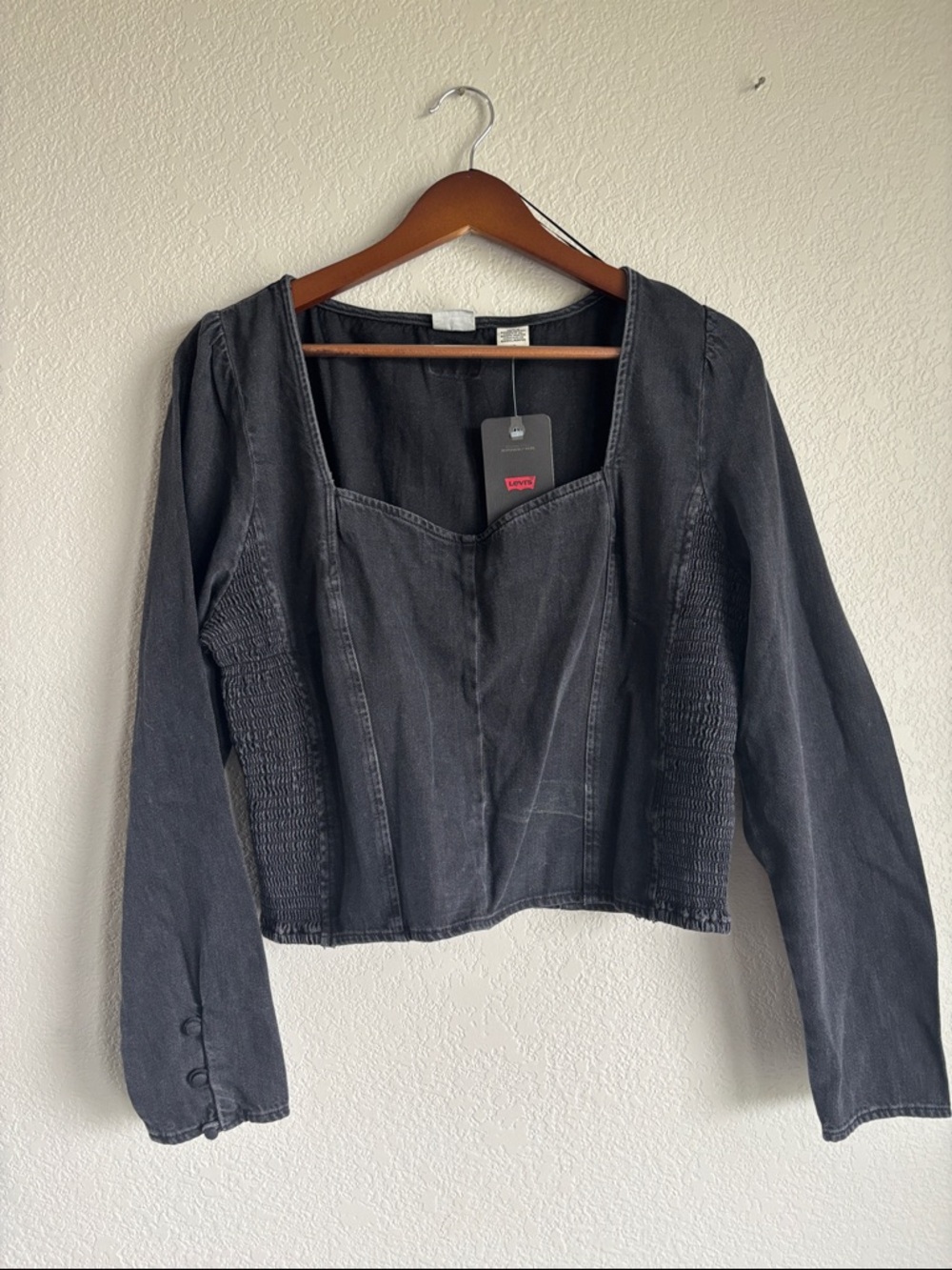 Levi's Black Long Sleeve Smocked Panel Top